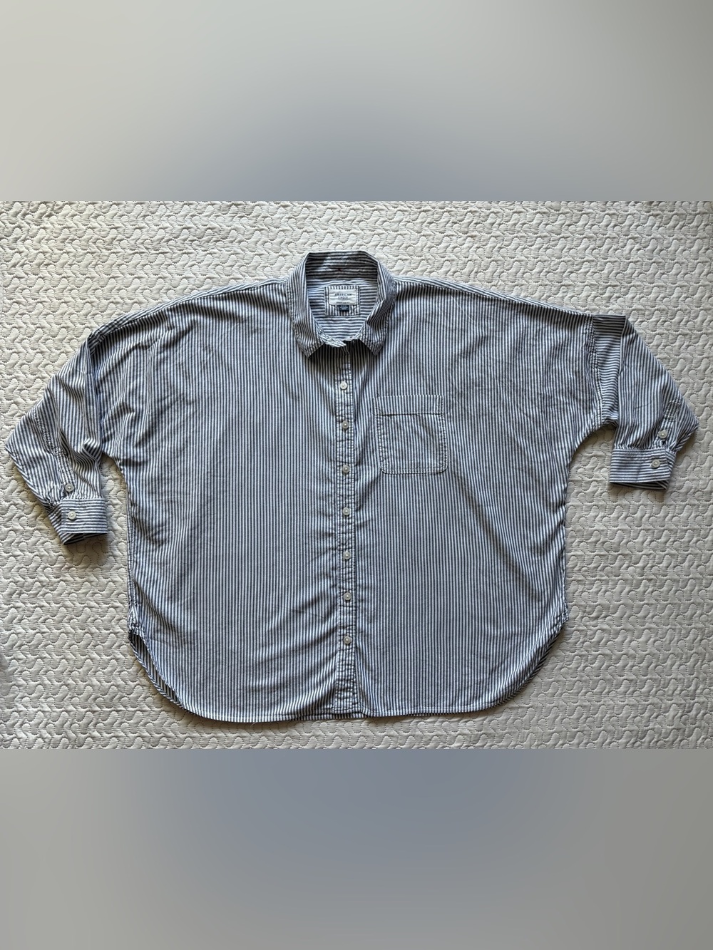 American Eagle Medium Oversized Fit Gray & White Vertical Stripe Button-Down Top